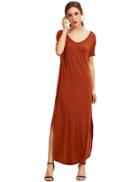 Romwe Orange Short Sleeve Pocket Split Side Dress