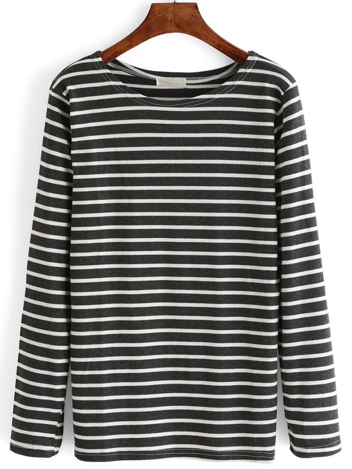 Romwe Grey White Elbow Patch Striped T-shirt