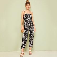 Romwe Off The Shoulder Knot Hem Floral Print Jumpsuit