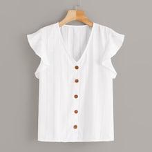 Romwe Contrast Ruffle Cuff Button Front Blouse