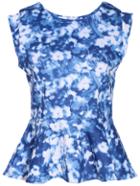 Romwe Floral Print Flouncing Blue Blouse