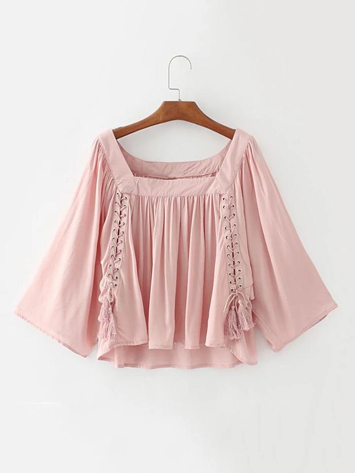 Romwe Square Neck Eyelet Lace Up Top With Fringe