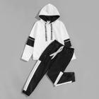 Romwe Men Contrast Tape Letter Print Hoodie With Pants