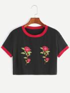 Romwe Black Embroidered Flower Applique Crop Ringer T-shirt