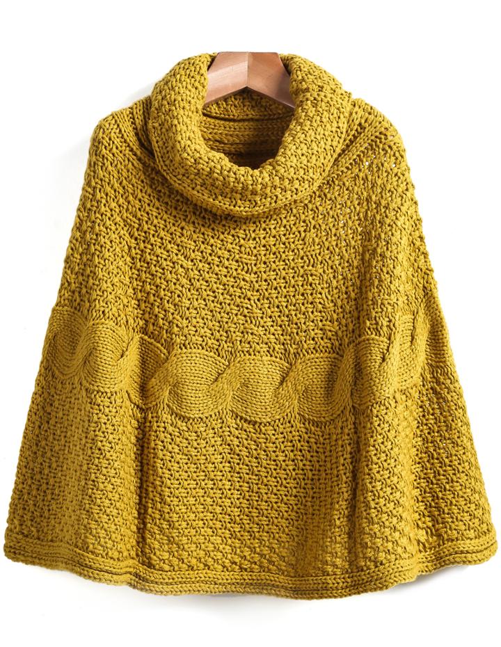 Romwe High Neck Cable Knit Cape Yellow Sweater