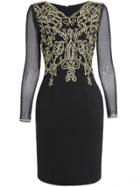 Romwe Black Round Neck Long Sleeve Contrast Gauze Embroidered Dress