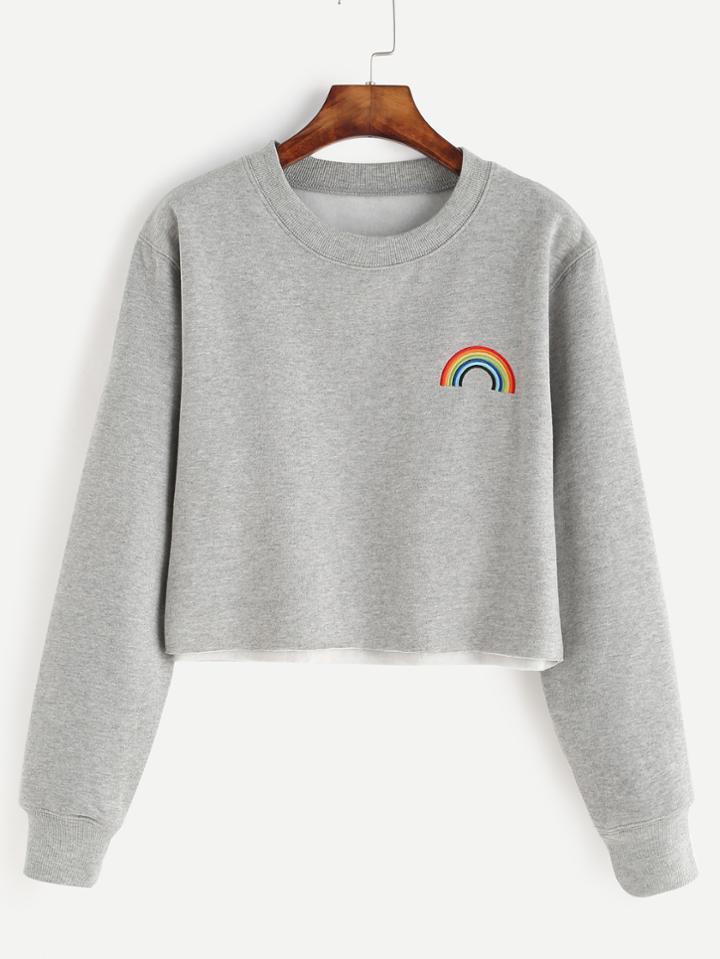 Romwe Grey Rainbow Embroidered Crop Sweatshirt