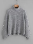 Romwe Pearl Embellished Sleeve Stepped Hem Jumper
