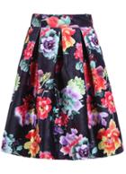 Romwe Zipper Floral Print Pleated Red Skirt