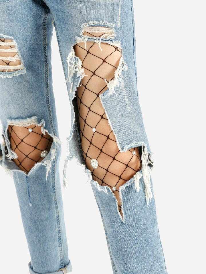 Romwe Faux Pearl Embellished Fishnet Tights