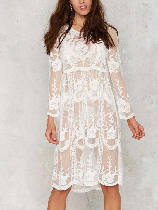 Romwe Long Sleeve Sheer Lace Dress