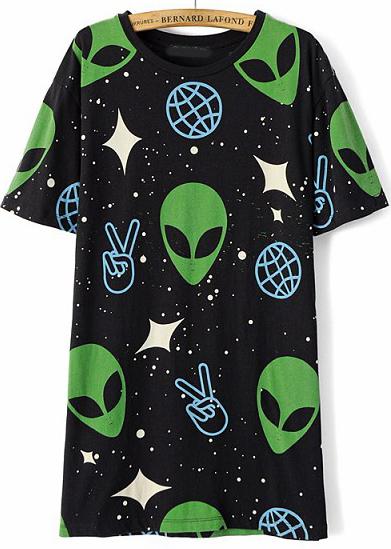 Romwe Black Extraterrestrial Print Slim T-shirt