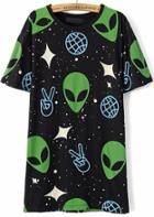 Romwe Black Extraterrestrial Print Slim T-shirt