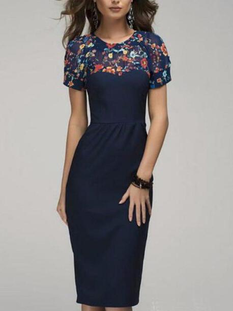 Romwe Short Sleeve Flower Print Slim Dress