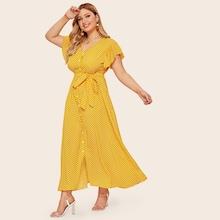Romwe Plus Polka Dot Self Tie Dress