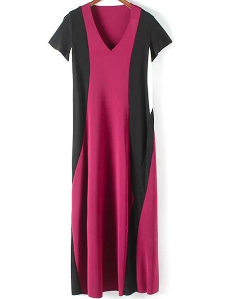 Romwe Rose Red V Neck Midi Dress