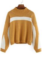 Romwe Mock Neck Striped Crop Khaki Sweater