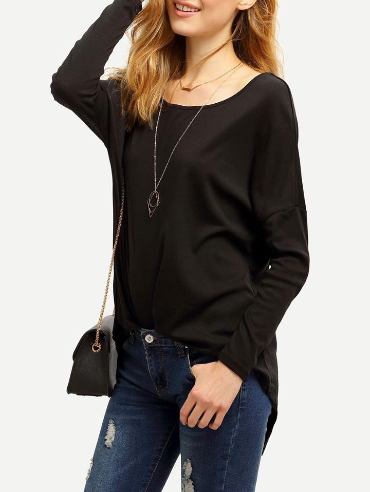 Romwe Black Round Neck High Low T-shirt