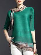 Romwe Green Pleated Elastic Print T-shirt Dress