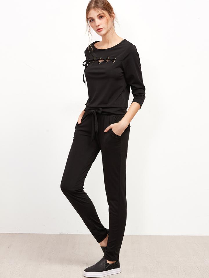 Romwe Black Eyelet Lace Up Trim Sweatshirt With Pants
