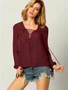 Romwe Long Sleeve Lace Up Blouse