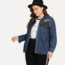 Romwe Plus Fringe Embroidered Front Denim Shirt
