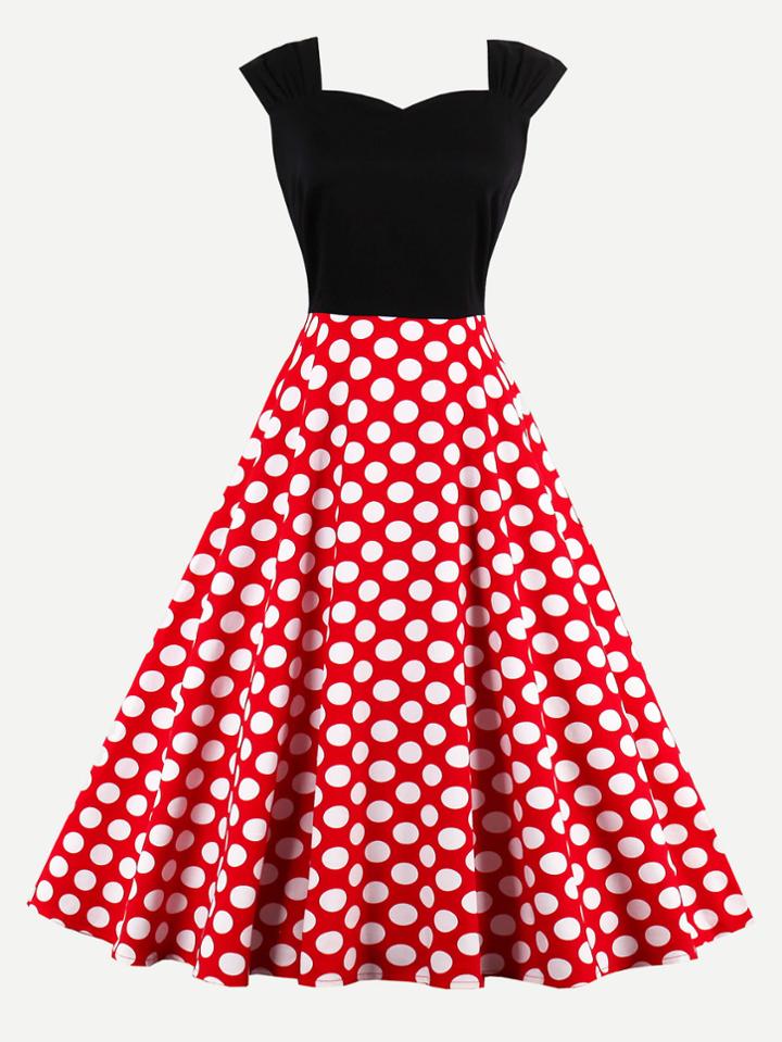 Romwe Sweetheart Neck Contrast Polka Dot Swing Dress