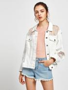 Romwe Floral Lace Lined Distressed Denim Jacket