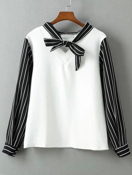 Romwe Tie Neck Vertical Striped White Blouse