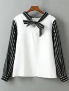 Romwe Tie Neck Vertical Striped White Blouse