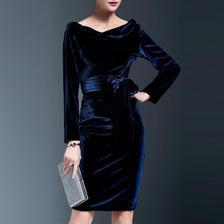 Romwe Navy Mercerized Velvet Tie-waist Sheath Dress