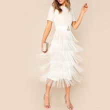 Romwe Layered Fringe Split Dress With Buckle Belt
