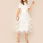 Romwe Layered Fringe Split Dress With Buckle Belt