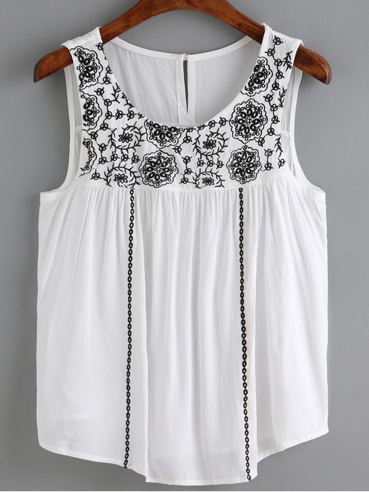 Romwe White Flower Embroidered Vest