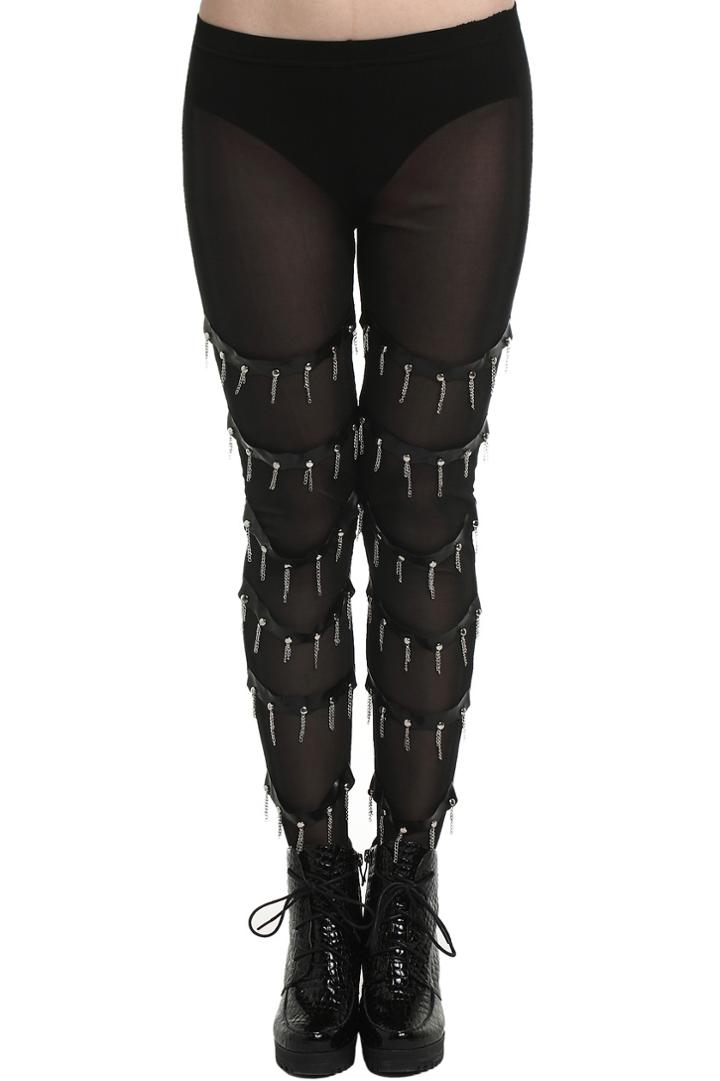 Romwe Romwe Mesh Panel Chain Tasseled Grenadine Black Leggings