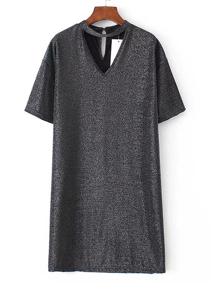 Romwe V Cut Neck Sparkle Detail Keyhole Back Dress