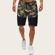 Romwe Guys Camo Print Cut And Sew Shorts