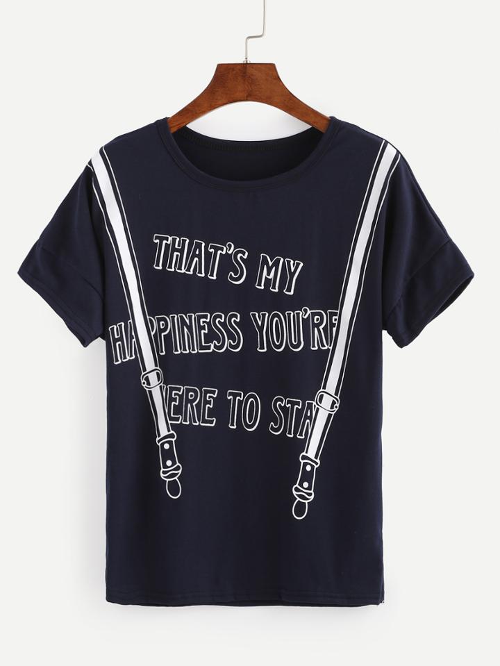 Romwe Navy Letters Print T-shirt
