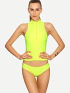 Romwe Fluorescent Yellow Zip Front Sleeveless Rash Guard Swimwear