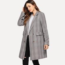 Romwe Double Breasted Pocket Plaid Coat