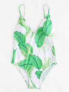 Romwe Leaf Print Caged Swimsuit