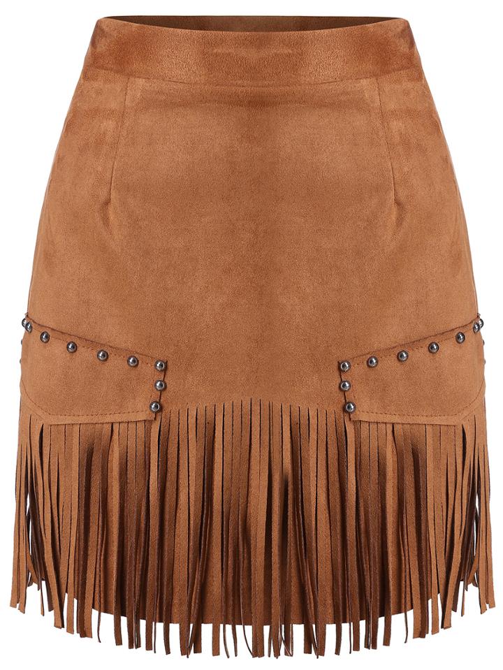 Romwe Tassel Bead Brown Skirt