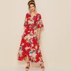 Romwe Floral Print Belted Dress