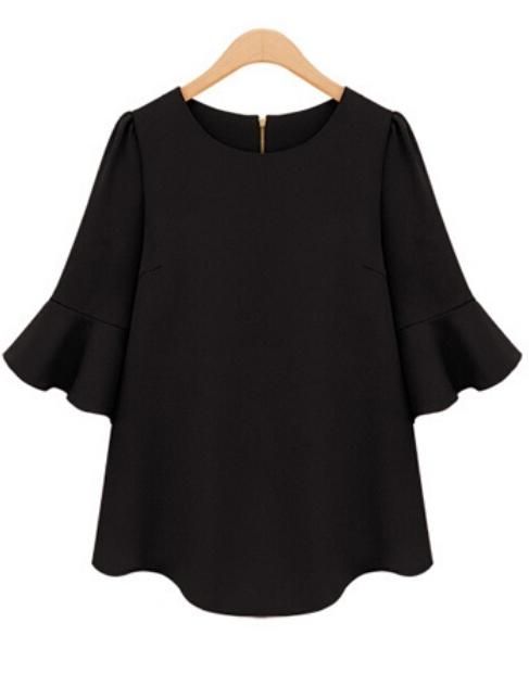 Romwe Half Sleeve Flouncing Chiffon Black Blouse