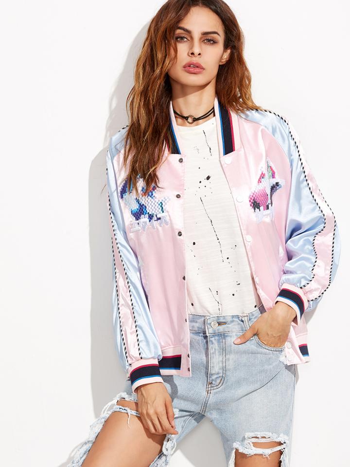 Romwe Pink Embroidery Color Block Denim Back Jacket