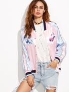Romwe Pink Embroidery Color Block Denim Back Jacket