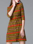 Romwe Green Color Block Striped Pockets Belted Dress