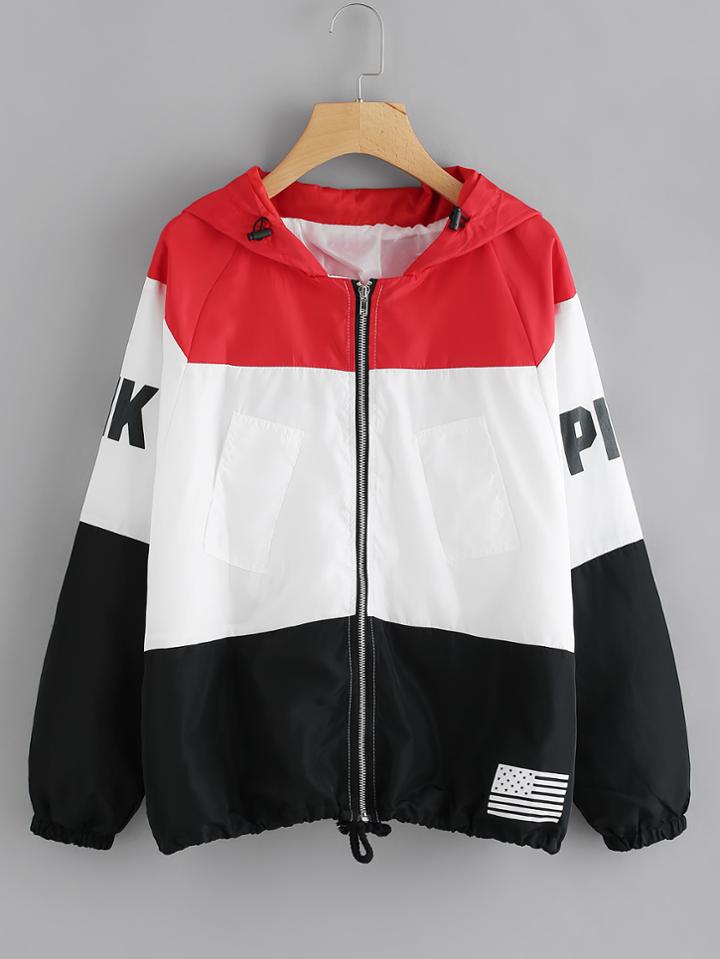 Romwe Color Block Letter Print Sleeve Zip Up Jacket