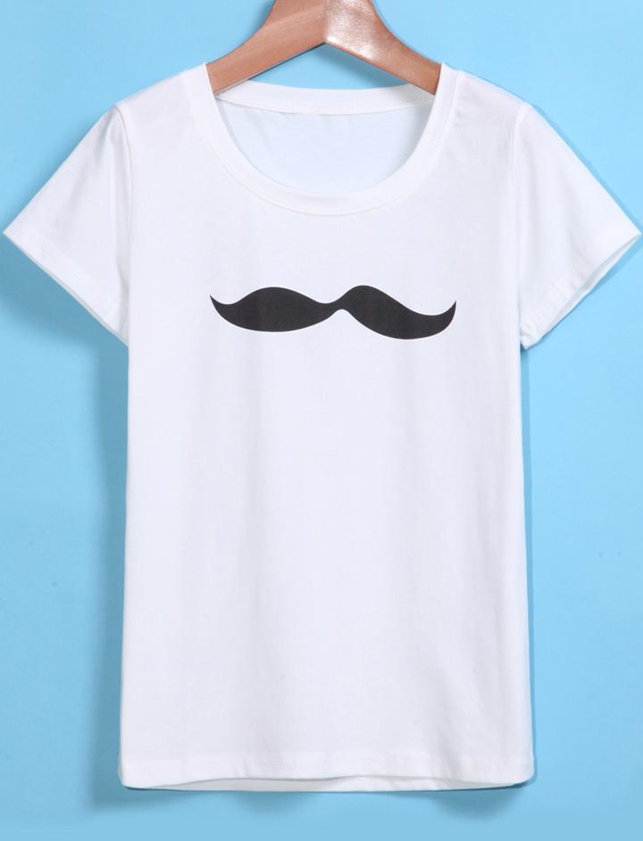 Romwe Mustache Print White T-shirt