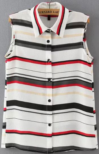 Romwe Lapel With Buttons Striped Grey Tank Top